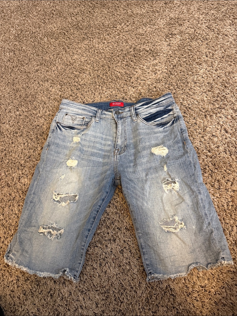 Men’s Guess Light Blue Distressed Denim Shorts